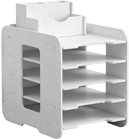 5 Tier Paper Tray Letter Tray Organiser, Desktop Filing Tray with Pen Holder, 12.2 x 9.1 x 11.1 in Wooden Desk Organiser for A4 Size Paper, White