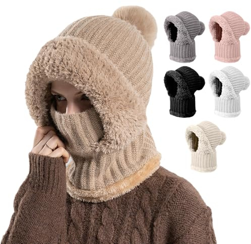 3-In-1 Sturmhauben Mütze Mit Schal Und Maske, Strickmütze für Damen im Herbst und Winter, BalaclavaDamen, Schalmütze Damen, Winddichter Nackenwärmer Für Radfahrer, Für Täglich und im Freien (Khaki)