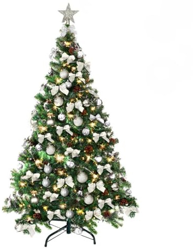Weihnachtsbaum künstlich (WBD) 210 cm grün mit Weihnachtsdeko Silber und Led Lichterkette mit Batteriebox und Fernbedienung künstlicher Christbaum klein Tannenbaum