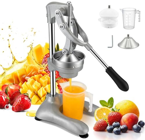 Saftpresse Manuell XL mit Hebel, Professionelle Fruchtpresse für Orangen Zitronen Grapefruit Granatapfel, Obstpresse Manuell Gastronomie Qualität Aluminium Edelstahl, inklusive 500ml Messbecher