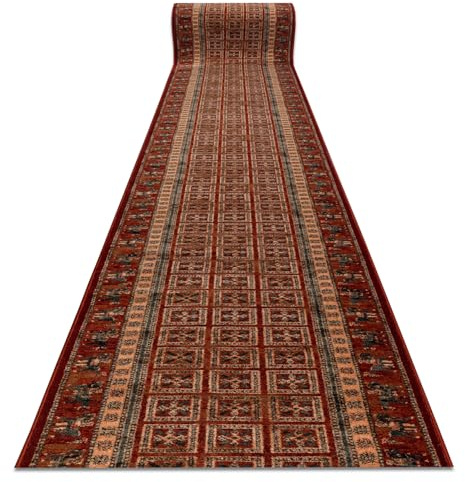 rugsx KASHQAI Läufer 4301/300 - Wollteppich - Teppich für Flur & Wohnzimmer - Orientalisch, Rahmen terrakotta/grün 67x290 cm