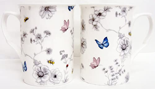 fromeuropewithlove Secret Garden Mugs Set of 6 Six Fine Bone China Flowers Butterflies and Bees Mugs Hand Decorated in the UK