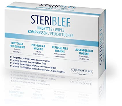 Densmore - Stériblef Lingettes - Hygiène de l'Oeil - Inflamation, Infection, Allergie - Sel d'Acide Hyaluronique et Camomille - 14 unités - 14 utilisations - Fabriqué en Europe