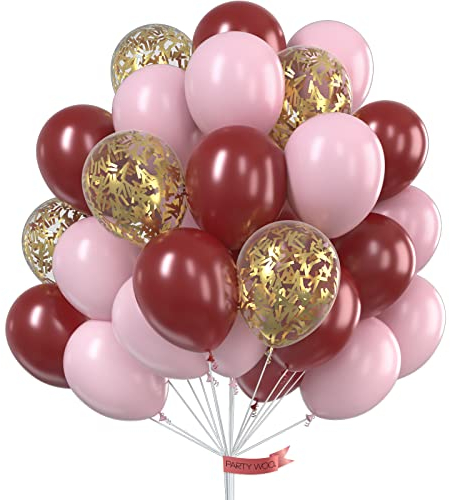 Weinrot Rosa Luftballons, 70 Stück Luftballons Weinrot, Bordeaux Ballon, Luftballons Burgunder, Luftballons Rosa und Gold Konfetti Luftballons, Luftballon Rose Weinrot für Taufe Mädchen