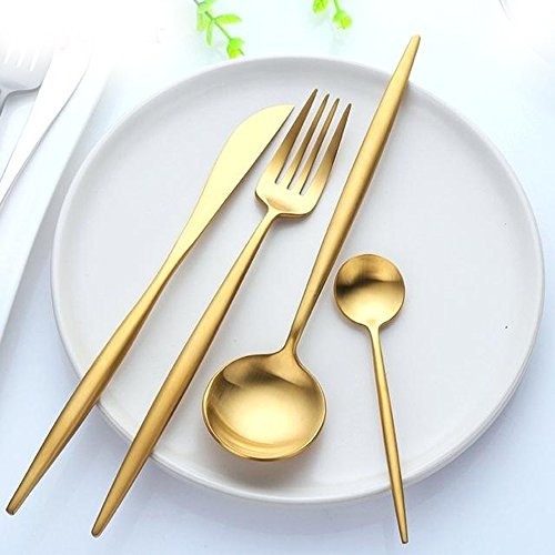 Edles Besteck Set für 6 Personen (4er Set Gold, Matt) 24 Teile aus Edelstahl Matt Rostfrei Spülmaschinen geeignet in edlem Design, Löffel, Teelöffel, Gabel, Messer