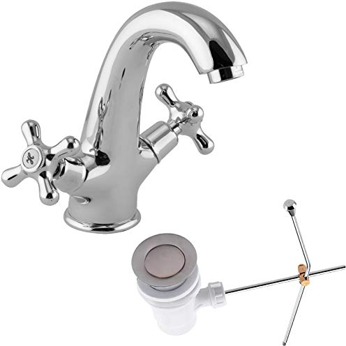 PaulGurkes Waschtischarmatur Aufputz Wasserhahn Zweigriffmischer Retro Nostalgie Mischbatterie Excenter Zugstange Ablaufgarnitur massives Messing hochwertig verchromt