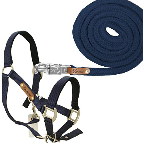 LiLa Pferd Pferde-Halfter-Set mit gravierten Namensschildern Waldhausen Satin Blau + Führstrick (VB)