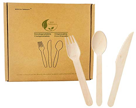 Biodegradables Juego de Cubiertos de Madera Desechables, 150 Pcs Cubiertos de Madera (50 Cuchillos + 50 Tenedores + 50 Cucharas) para Fiestas,Campamentos,Bodas,Cumpleaños