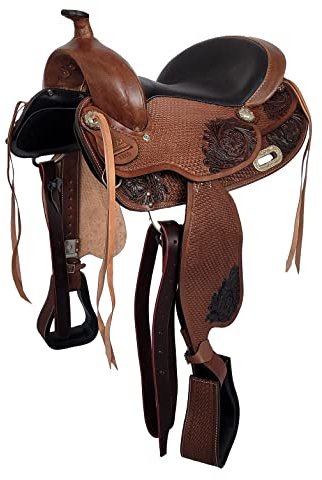 A&M Reitsport Baumloser Westernsattel Zuni braun aus Büffelleder, wechselbares Kopfeisen, Größe:17 Zoll