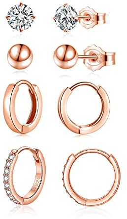 Zolkamery Creolen Silber 925 Ohrringe für Damen, 925 Sterling Silber Ohrstecker Creolen Ohrringe Set, Rose Gold Klein Schlafen Ohrstecker Creolen Ohrringe Set, 12mm Creolen & 5mm Ohrstecker Ohrringe