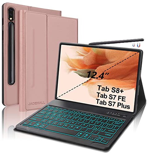 Funda con Teclado desmontable para Samsung Galaxy Tab S7 FE / S7 Plus / S8+ / S8 Plus 12.4'' - Teclado Bluetooth Retroiluminado y 7 Colores de Español Ñ para SM-T970/T975/T976/T978