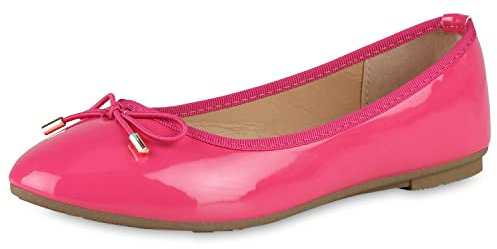 VAN HILL Damen Klassische Ballerinas Kunstleder Schuhe Flache Schleifen Freizeitschuhe Sommerschuhe Übergrößen 203979 Fuchsia Lack 40