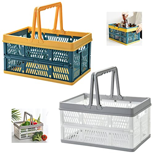 Tongboke 2 X Plastikkorb mit Henkel,Einkaufskorb Klappbar,Klappboxen Faltbar Stabil Gewichtskapazität15Kg Klappkiste für Outdoor Picknick,Lagerung von Haushaltswaren (Groß)
