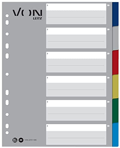 VON Leitz 10er Pack 6-teiliges Register A4, blanko Trennblätter für Ordner, PP, Extra breit, 11-Loch-Universalregister für Schnellhefter & Ringbücher, Mehrfarbig, 13050000
