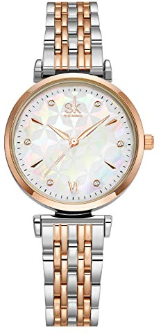 SHENGKE Womens Watches Metal Quartz Watch Waterproof Fashion Light Luxury Mother-of-Pearl Wristwatch for Women Ladies Girls Rose Gold & Silver