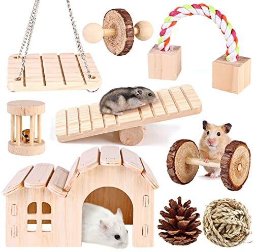 Jouets à Mâcher pour Hamster, 9 Pièces Jouet de Hamster, Jouets à Croquer Naturel pour Petits Animaux, Maison en Bois pour Hamster , Jouet Molaire pour Hamster Cobaye Écureuil Chinchilla