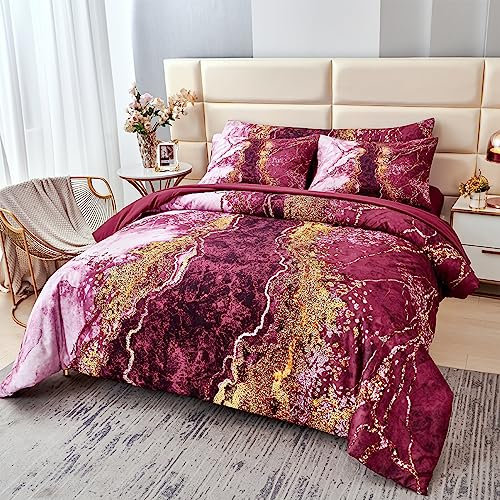 PERFEMET 6-teiliges Bett in einer Tasche, Queen-Size-Burgunderrot, Marmor, Bettwäscheset mit Laken, ästhetischer Retro-Kunstwerk, dunkelrot, Bettwäsche-Set für alle Jahreszeiten, Burgunderrot,