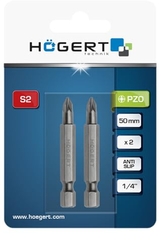 HÖGERT TECHNIK – PZ0 Schrauberbits 50 mm, 2 Stück, S2-Stahl, Anti-Slip-System, HRC 58–61, 1/4 Sechskantschaft, DIN 3126, präzise Pozidriv-Bits für Werkstatt & Bau