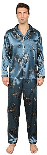 RuanMM Ensemble Pyjama en Satin Soyeux pour Homme, Haut à Manches Longues et Pantalon Long, vêtements de Nuit Soyeux pour Homme (Papillon-XXL)
