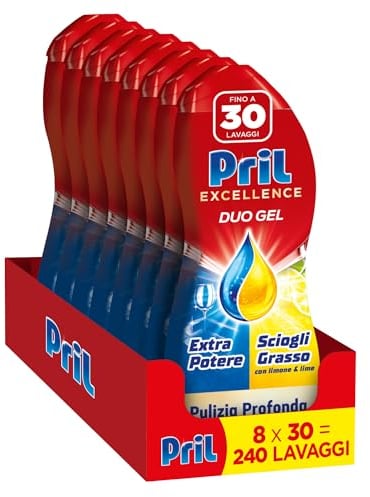 Pril Duo Gel, Detersivo lavastoviglie Gel, Azione Sciogligrasso con Limone, Formato da 8 Confezioni da 30 Lavaggi, totale 240 Lavaggi