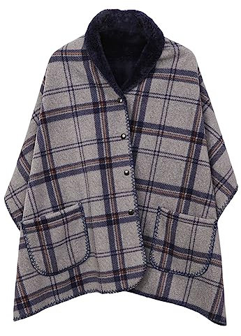KALWAX Poncho in pile da donna Plaid scialle in pile mantello caldo invernale con bottone e tasca, portatile Shawl coperta plaid a quadri per letto, divani, viaggi (C)