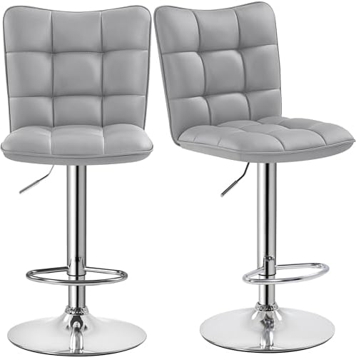Yaheetech 2er Set Barhocker Barstühle 360°Drehbar Küchenstühle mit Rückenlehne und Fußstütze, Barstuhl PU-Kunstleder Sitzhöhe 62,5 cm - 83 cm für die Küche/Bar/Salon, Höhenverstellbar, Hellgrau