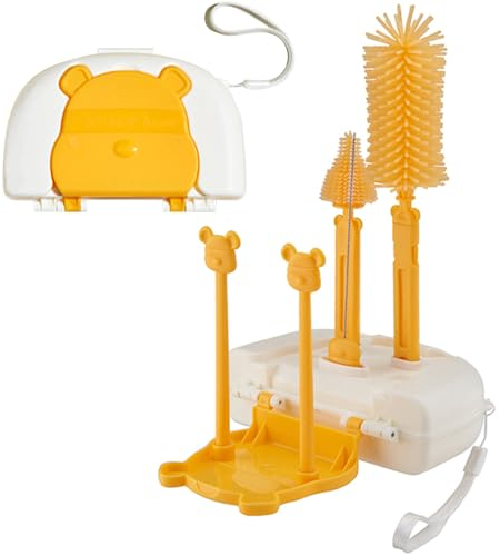 EMTSEB 7 in 1 Baby Bottle Brush Set, Travel Portable Bottle Cleaning Kit with Bottle Nipple Brush, Straw Cleaner, Soap Dispenser, Storage Box, Drying Rack (Yellow)