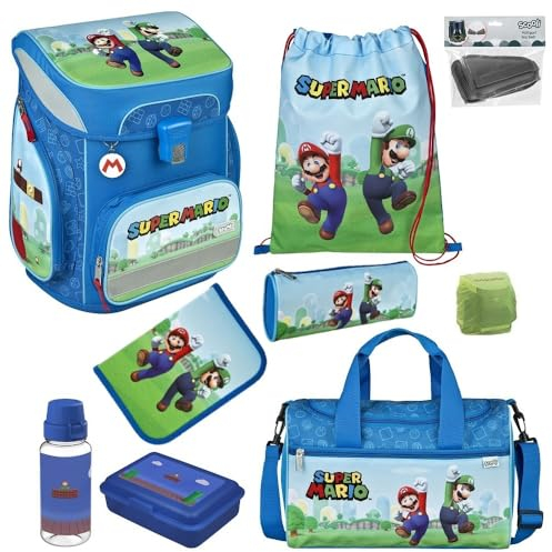 Familando Jungen Schulranzen 1. Klasse · Scooli Easy Fit Schultasche · ergonomisch & leicht · Schulranzenset für Jungs und Mädchen (9-teiliges Set mit Sporttasche, Super Mario Blau)