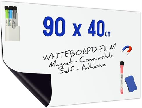 Minadax Whiteboard Folie 90 x 40cm | Magnet Haftend | Zuschneidbar + Stifte mit Halter + Wischer