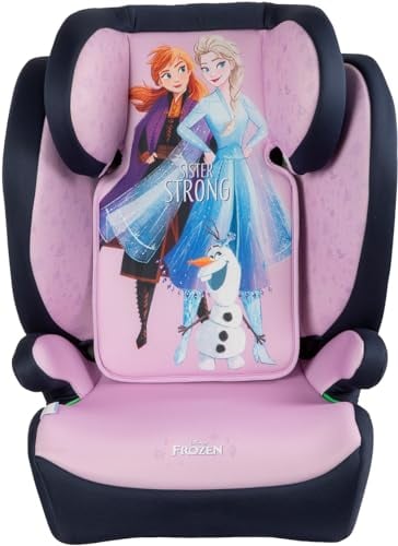 Disney Frozen Autositz mit ISOFIX-Befestigung für die Sicherheit von Mädchen mit einer Körpergröße von 100 bis 150 cm mit Grafiken der Prinzessin Elsa, Anna und dem süßen Olaf auf lila