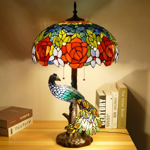 BOTOWI Tiffany Lampenschirm Ersatz Tiffany Lampenschirm, handgefertigt 18 Rose Libelle Traube Mission Buntglas Lampenschirm mit Zubehör, viktorianische Buntglas Schatten Ersatz,Colourful Rose