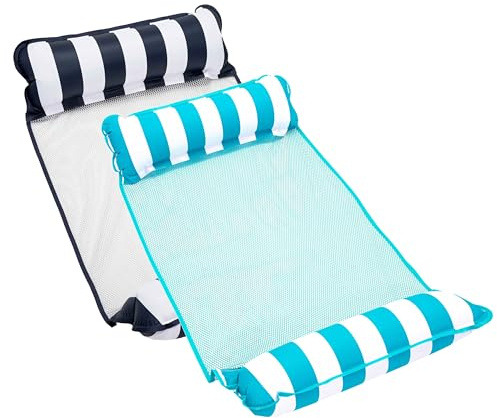Aqua 4-in-1 Monterey Hammock Pool Float & Water Hammock, Multi-Purpose, Inflatable Pool Floats for Adults, Patented Thick, Non-Stick PVC Material, One Light Blue & One Navy/White Stripe, 2-Pack