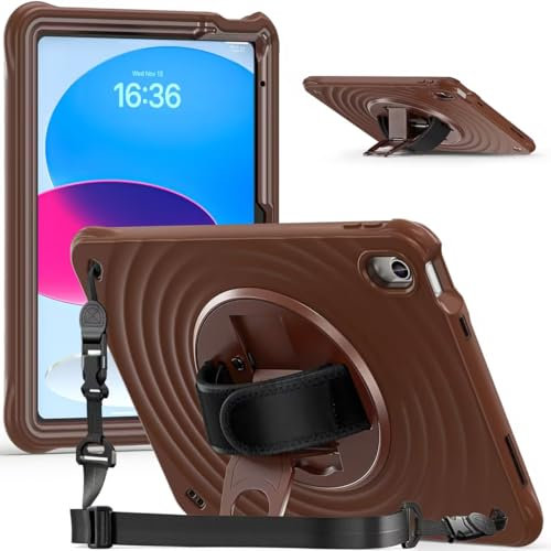 Gerutek Coque Antichoc pour iPad 11/10ème Gén 2025/2022 (11/10.9 Pouces), Étui Armure Robuste avec Support pivotant à Bouton-Poussoir, Dragonne et Bandoulière, Housse pour iPad 11è A16, Brun Chocolat