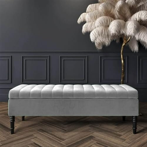 90cm Wide Safar Ottoman Storage Bench, Plush Shoe Bench with Storage, Velvet Footstool, Lined Upholstered Coffee Table, End of Bed Bench, Hallway Seating Bench (Silver Velvet, 3ft (90x40x40) CM)