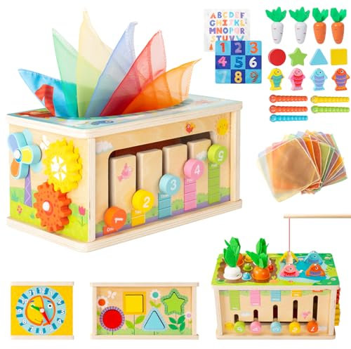 Mucek Montessori Spielzeug Baby ab 6 Monate, 7-in-1 Tücherbox Baby, Holzspielzeug mit 2 Knistertuch, Motorikwürfel Groß Motorikspielzeug, Karotten Steckspiel Holz für Jungen Mädchen Geschenke