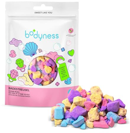 BODYNESS Badestreusel Sugar Rush - 300g Badesalz mit 4 Farbschichten- Mit Zuckerwatten-Aroma und Kakaobutter - Lila, Blau, Gelb und Rosa