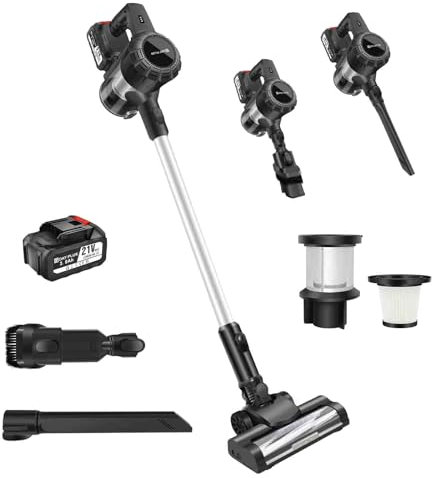 Yiyai 15000Pa/140W/60 Mins Akku Staubsauger, Staubsauger Kabellos mit LED-Anzeige, Zyklonfiltration, Anti-Tangle-Rollenbürste, 3-in-1 Kabelloser Staubsauger für Hartböden/Teppiche/Tierhaare