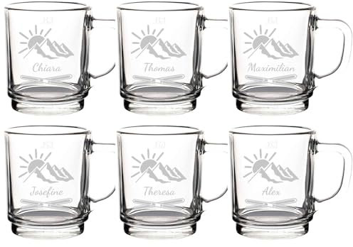 LUXENTU Glühweintassen mit personalisierter Gravur, Teegläser 250 ml, Geeichte Glasbecher bei 0,2 Liter, Set für Freunde & Familie, Motiv: Après Ski, 6 Stück