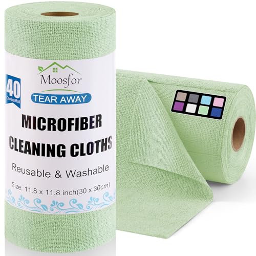 Moosfor Lot de 40 Chiffons de Nettoyage, Rouleaux de Chiffons de Nettoyage en Microfibre, réutilisables, 30 x 30 cm, Ultra absorbants et Non Pelucheux pour Voiture, Maison, Cuisine, Vert