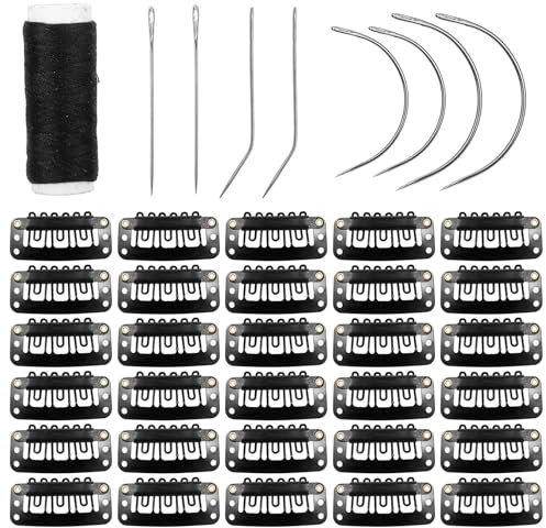 50 Stück Haarextension Clips Für Extensions Perücke Ohne NäHen Gebogene Nähnadel Mit 1 Rolle Garn HaarverläNgerung Clip Mit 6 ZäHnen Perückenclips Zum Sichern Zum Befestigen Perücken Zubehör