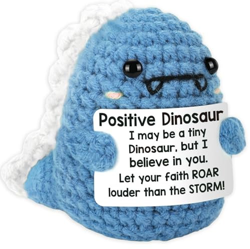 Calkkrer Pocket Hug Positive Dinosaurier Häkeltiere, Gehäkelte Kuscheltiere Mit Positiver Karte, Positive Geschenke Mutmacher, Taschenumarmung Glücksbringer(Blau)