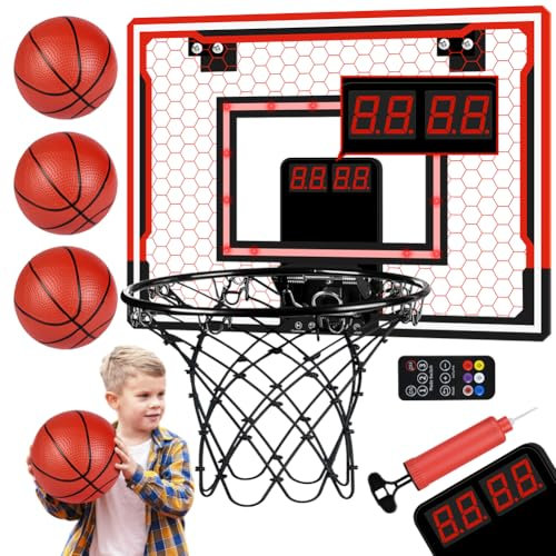 OSDUE Panier Basket Enfant, 40 * 30cm Mini Jeu de Basketball Mural Panier Basket Interieur avec Tableau d'affichage électronique 3 Ballons et Pompe à Air Télécommande Lumières LED 7 Couleurs