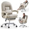 EMIAH Ergonomischer Bürostuhl mit Fußstütze, Verstellbarer Schreibtischstuhl PU Leder, Bequeme Moderne Kosmetikstühle mit Rollen, Mid-Back Cute Computer Stuhl für Zuhause Belastbar bis 150kg, Beige