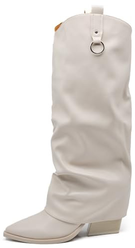 IF Fashion Stivali Texani Arricciati stropicciati Da Donna A Punta Con Tacco E Ghetta Risvolto MP742-2 panna N.39