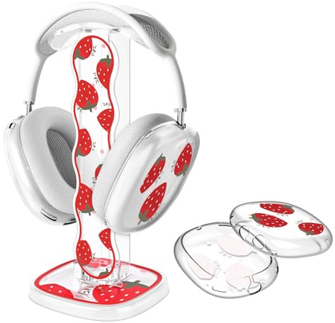DiyGody Transparent Schutzhülle kompatibel mit Apple AirPods Max 2024/2020,Kopfhörerabdeckung Zubehör+Universal-Headset-Halter,Abnehmbarer Tragbarer Kopfhörer-Schreibtischständer für Headset, Erdbeere