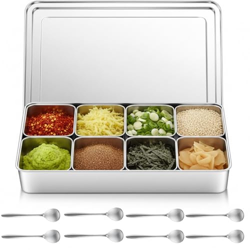 Boao 8 Compartment 304 Stainless Steel Seasoning Condiment Container with Lids Spoons, 17.5 x 11.6 x 2.6 in Japanese Yakumi Pans Mini Sauces Salad Dressings Storage for Food, Herbs, Spices