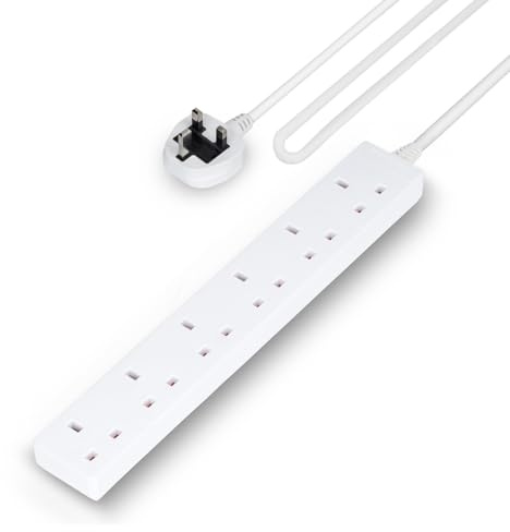 GEEPAS 6 Gang Extension Lead, 1M Cable | 6-Way Plug Extension Cable, 13A | Wall Mountable & Multi Socket Mains Strip for Home Bedroom Office | Heavy Duty UK Plug | White