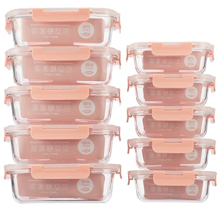 S SALIENT glass storage containers with lids for meal prep Airtight Lunch Containers, Microwave, Oven, Freezer and Dishwasher 5 Pack Rectangle 1050ml 640ml BPA-Free, Pink