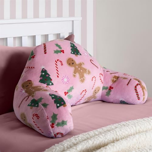 OHS Gingerbread Reading Pillow for Kids, Cuddle Cushion for Kids Soft Cosy Fleece Snuggle Cushion Backrest Pillow with Arms Gaming Cushions for Boys Girls Relaxing Comfy, Pink