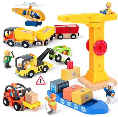BuntWunder Baustellenfahrzeuge Kinder Kran Spielzeug, Baustelle Spielzeug ab 3 Jahre, Baufahrzeuge Kinder Holzspielzeug mit Turmkran Anhänger Gabelstapler Schiff, Geschenk Junge 3 4 5 Jahre